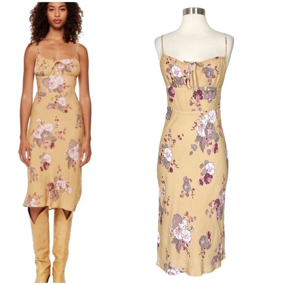 Aritzia | Wilfred Bellow Tan Yellow Floral Print Tie Bust Sexy Summer Midi Dress - Picture 11 of 13